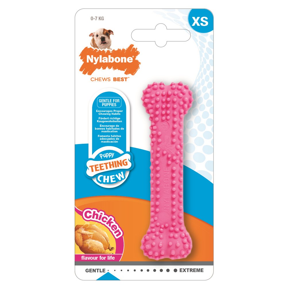 Nylabone Puppy Teething Chew Textured Bone Chicken Pink XS