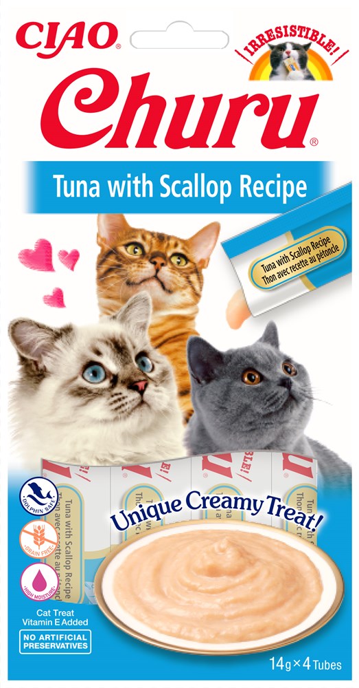 Churu- Lickable pruee treat for cats  in tuna with scallop flavour 4 x 14g
