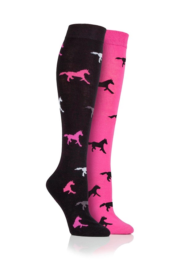 Goodwood Horse Twin Pack Adult Long  Socks Black/Pink	